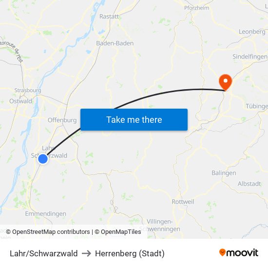 Lahr/Schwarzwald to Herrenberg (Stadt) map