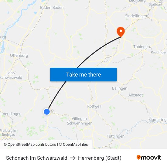 Schonach Im Schwarzwald to Herrenberg (Stadt) map