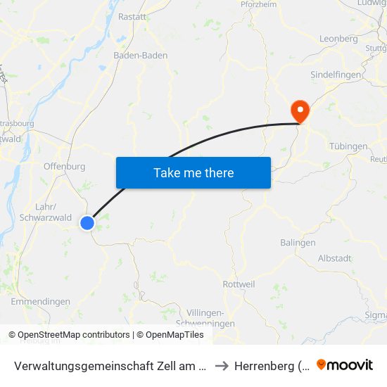 Verwaltungsgemeinschaft Zell am Harmersbach to Herrenberg (Stadt) map