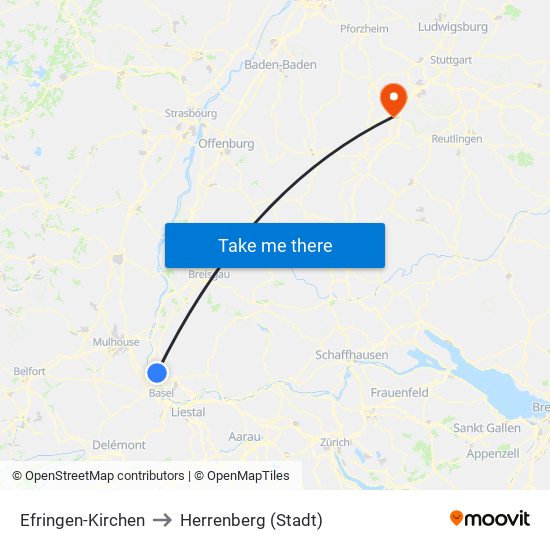 Efringen-Kirchen to Herrenberg (Stadt) map