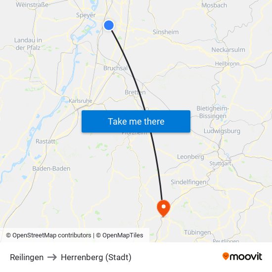 Reilingen to Herrenberg (Stadt) map