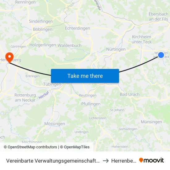 Vereinbarte Verwaltungsgemeinschaft Der Stadt Weilheim An Der Teck to Herrenberg (Stadt) map