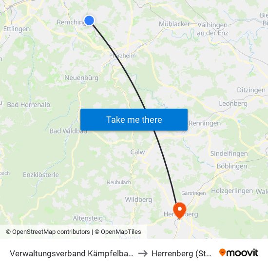 Verwaltungsverband Kämpfelbachtal to Herrenberg (Stadt) map