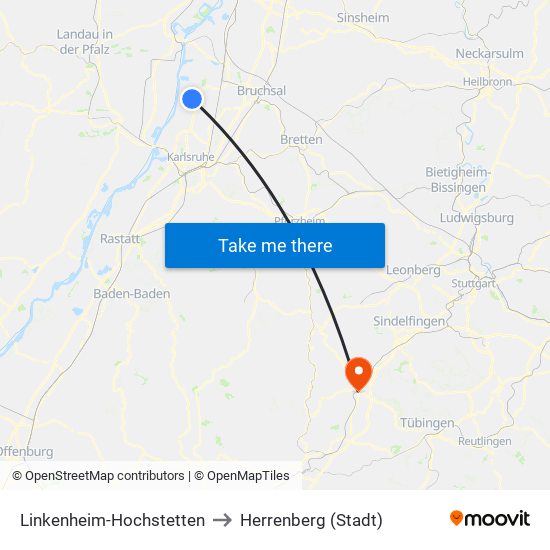 Linkenheim-Hochstetten to Herrenberg (Stadt) map