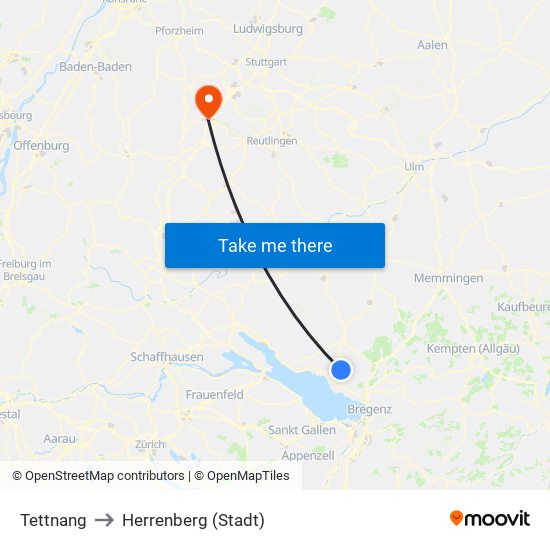 Tettnang to Herrenberg (Stadt) map