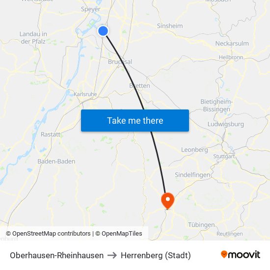 Oberhausen-Rheinhausen to Herrenberg (Stadt) map