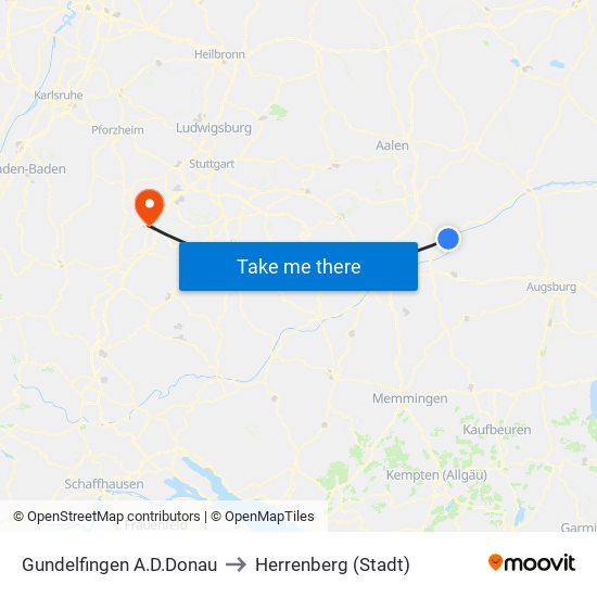 Gundelfingen A.D.Donau to Herrenberg (Stadt) map