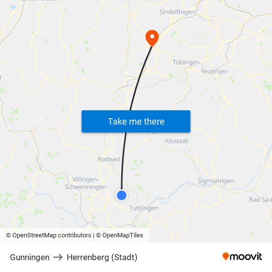 Gunningen to Herrenberg (Stadt) map