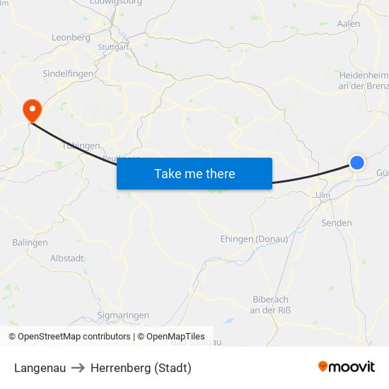 Langenau to Herrenberg (Stadt) map