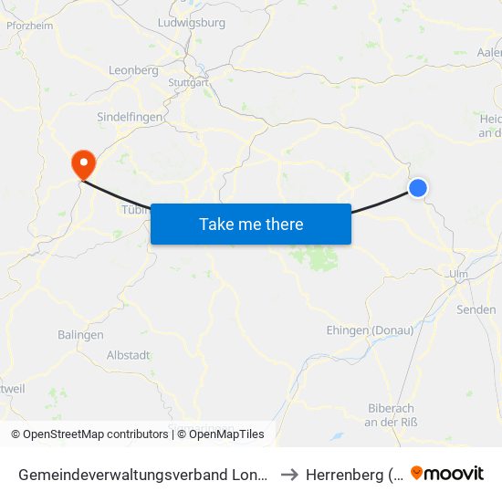 Gemeindeverwaltungsverband Lonsee-Amstetten to Herrenberg (Stadt) map