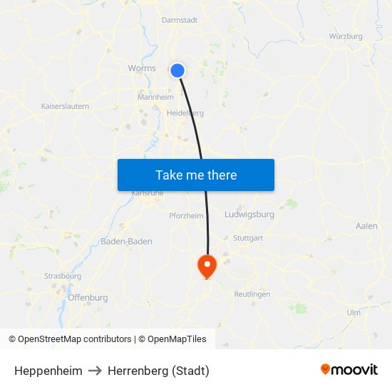 Heppenheim to Herrenberg (Stadt) map