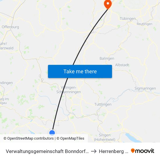 Verwaltungsgemeinschaft Bonndorf Im Schwarzwald to Herrenberg (Stadt) map