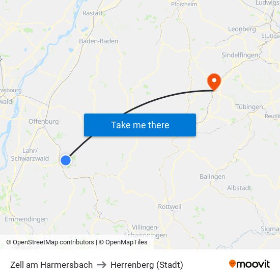 Zell am Harmersbach to Herrenberg (Stadt) map