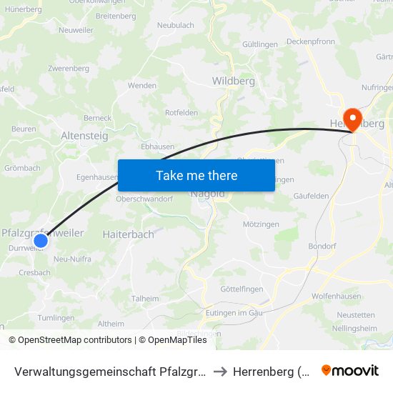 Verwaltungsgemeinschaft Pfalzgrafenweiler to Herrenberg (Stadt) map