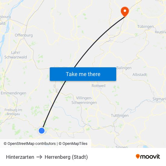 Hinterzarten to Herrenberg (Stadt) map