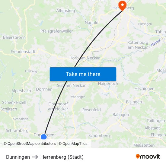 Dunningen to Herrenberg (Stadt) map