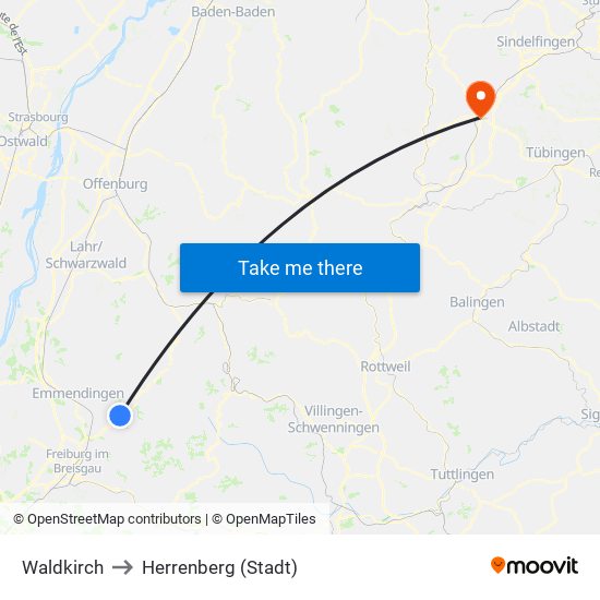 Waldkirch to Herrenberg (Stadt) map