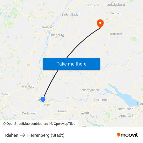 Riehen to Herrenberg (Stadt) map