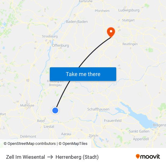 Zell Im Wiesental to Herrenberg (Stadt) map