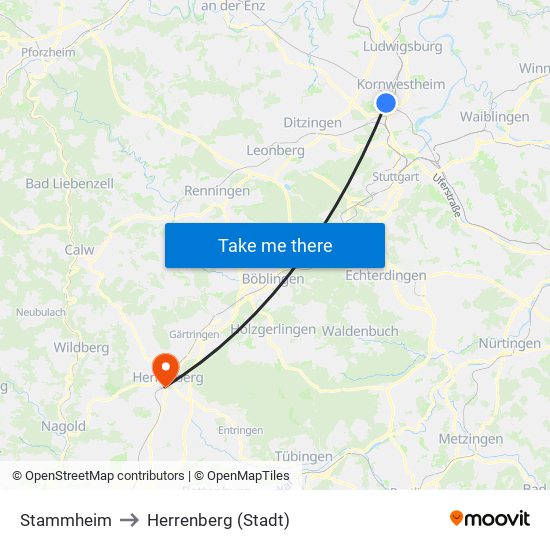 Stammheim to Herrenberg (Stadt) map