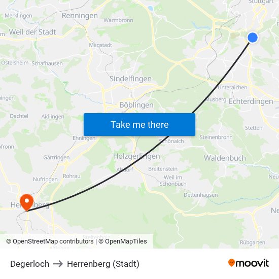 Degerloch to Herrenberg (Stadt) map