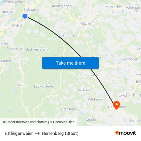 Ettlingenweier to Herrenberg (Stadt) map