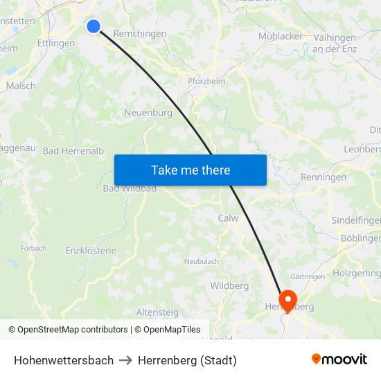 Hohenwettersbach to Herrenberg (Stadt) map