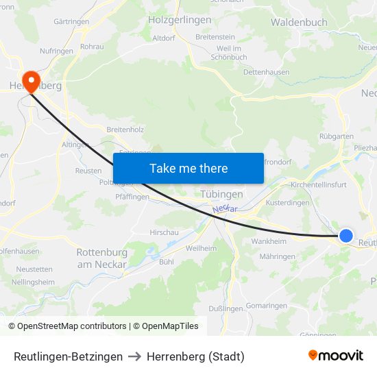 Reutlingen-Betzingen to Herrenberg (Stadt) map