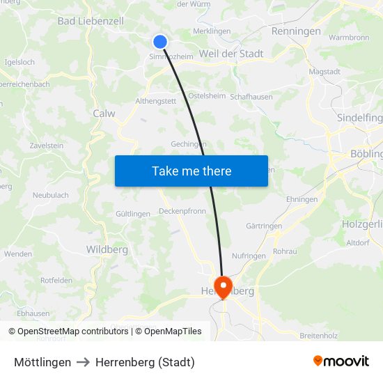 Möttlingen to Herrenberg (Stadt) map