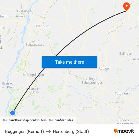 Buggingen (Kernort) to Herrenberg (Stadt) map