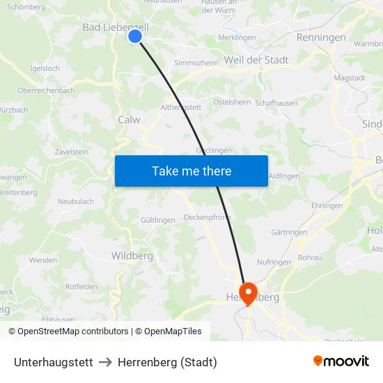 Unterhaugstett to Herrenberg (Stadt) map