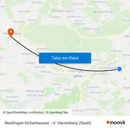 Reutlingen-Sickenhausen to Herrenberg (Stadt) map