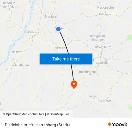 Diedelsheim to Herrenberg (Stadt) map