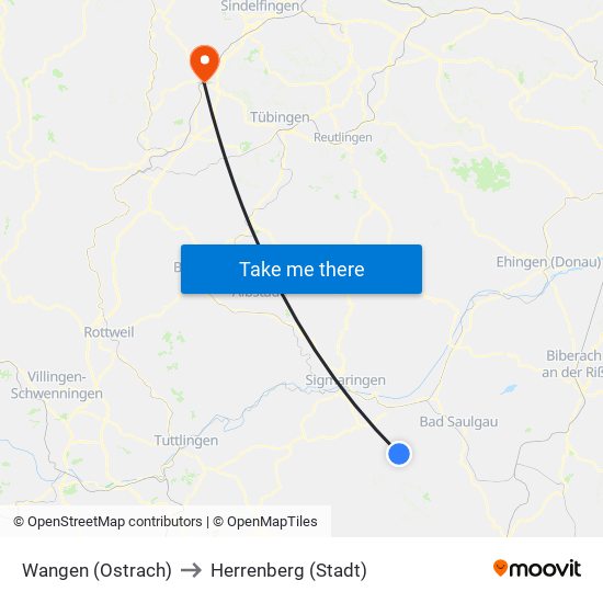 Wangen (Ostrach) to Herrenberg (Stadt) map