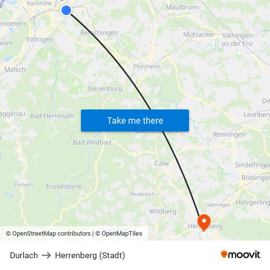 Durlach to Herrenberg (Stadt) map