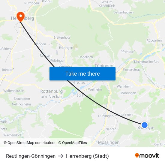 Reutlingen-Gönningen to Herrenberg (Stadt) map