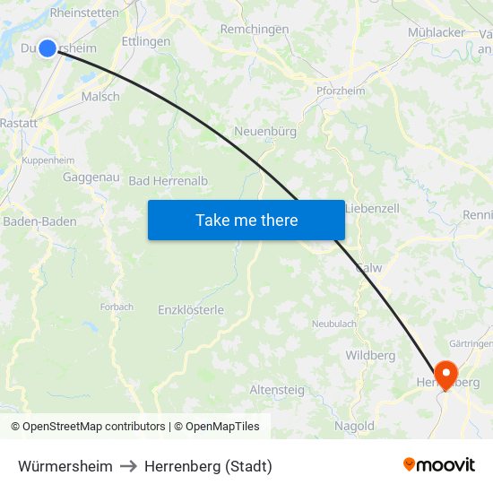 Würmersheim to Herrenberg (Stadt) map