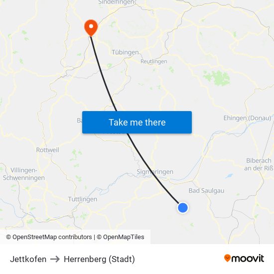 Jettkofen to Herrenberg (Stadt) map