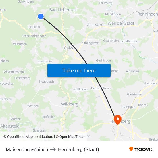 Maisenbach-Zainen to Herrenberg (Stadt) map