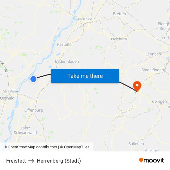 Freistett to Herrenberg (Stadt) map