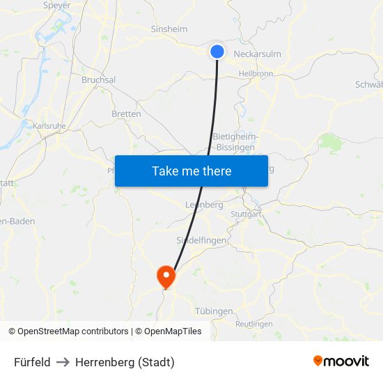 Fürfeld to Herrenberg (Stadt) map