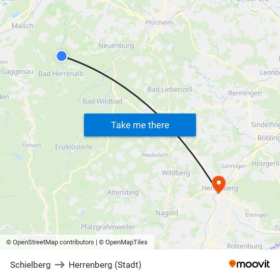 Schielberg to Herrenberg (Stadt) map