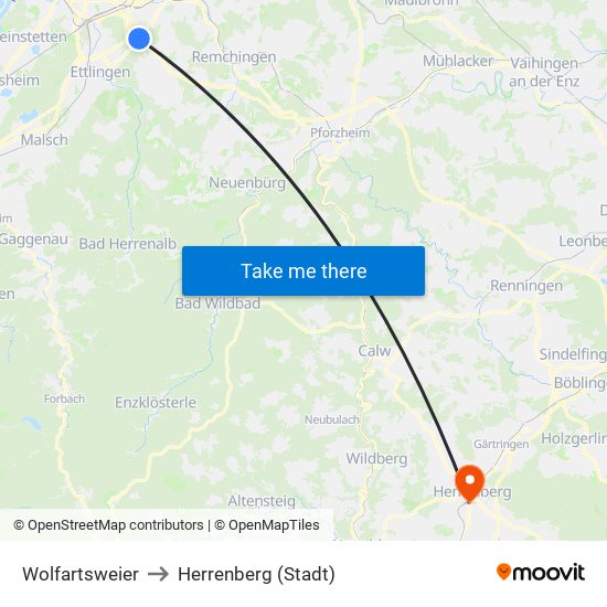 Wolfartsweier to Herrenberg (Stadt) map