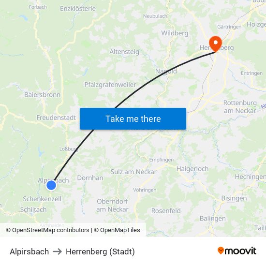 Alpirsbach to Herrenberg (Stadt) map