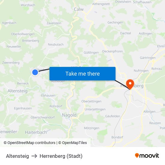 Altensteig to Herrenberg (Stadt) map