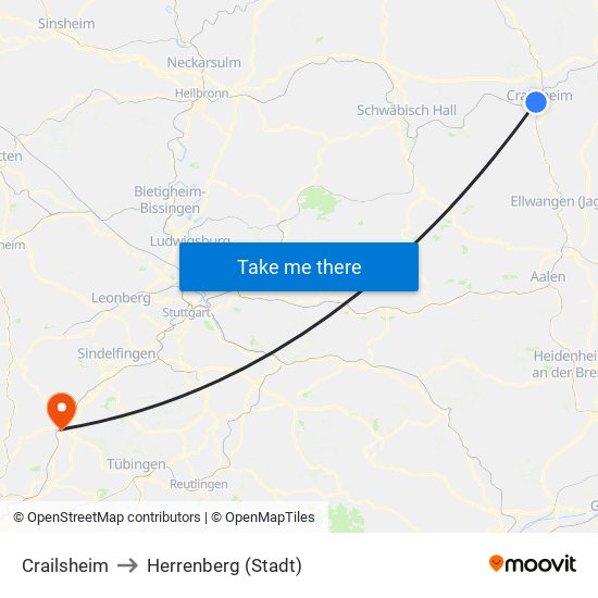 Crailsheim to Herrenberg (Stadt) map