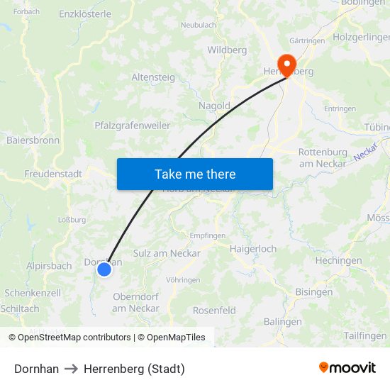 Dornhan to Herrenberg (Stadt) map