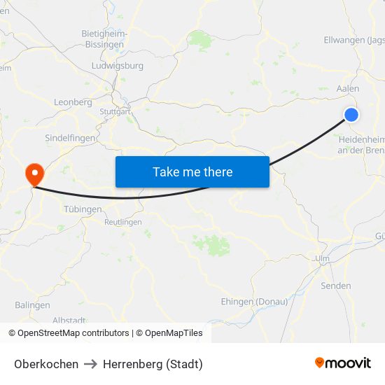 Oberkochen to Herrenberg (Stadt) map