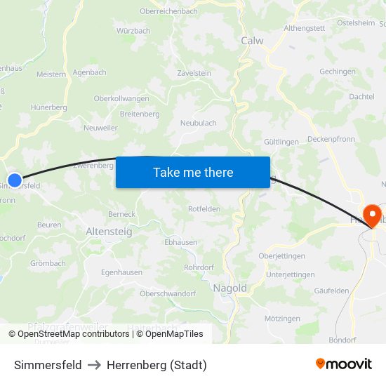 Simmersfeld to Herrenberg (Stadt) map