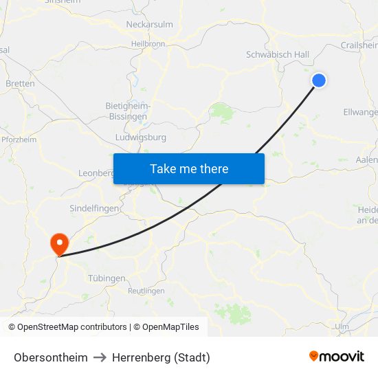 Obersontheim to Herrenberg (Stadt) map